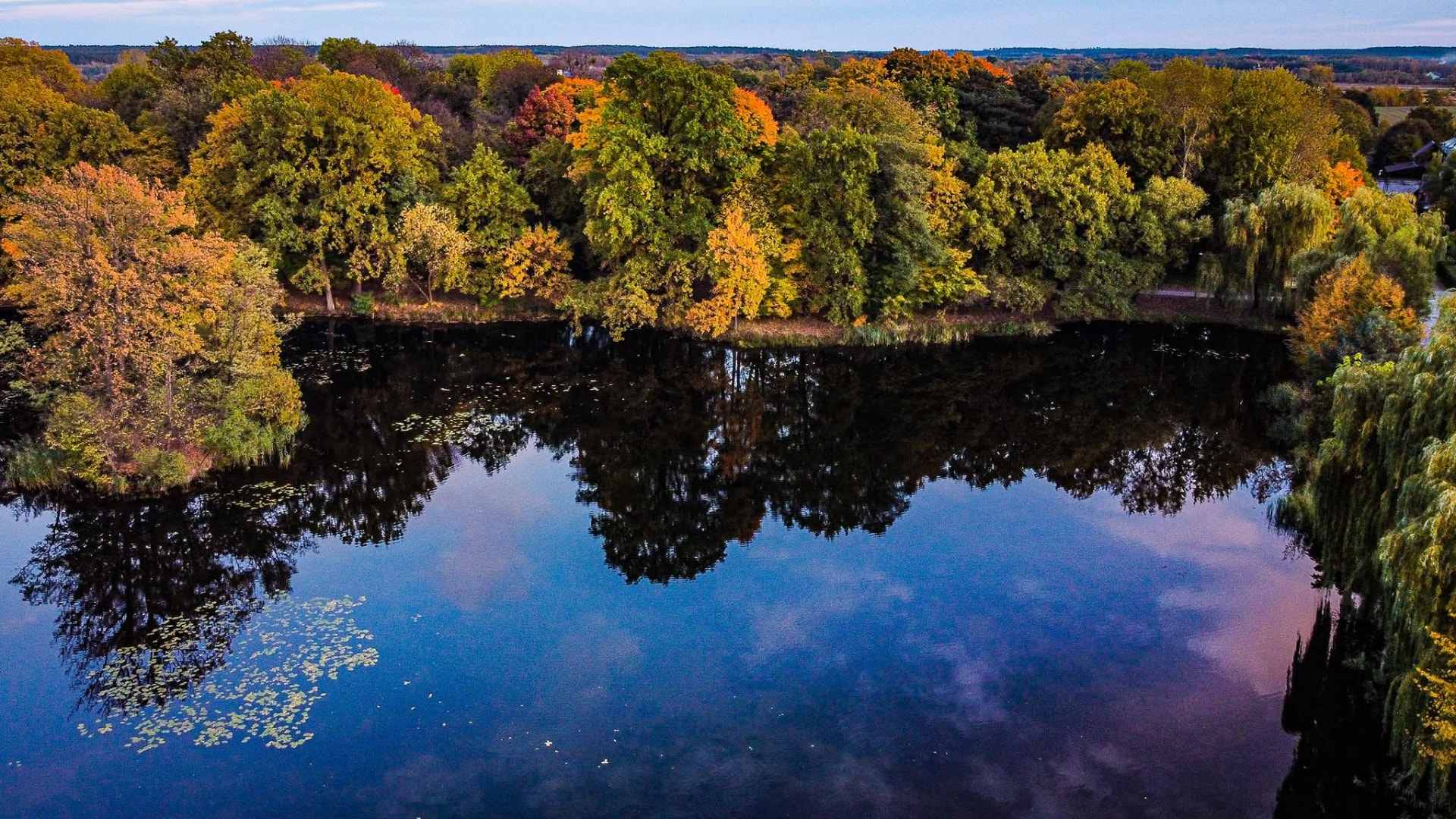 Autumn pond at sunset
