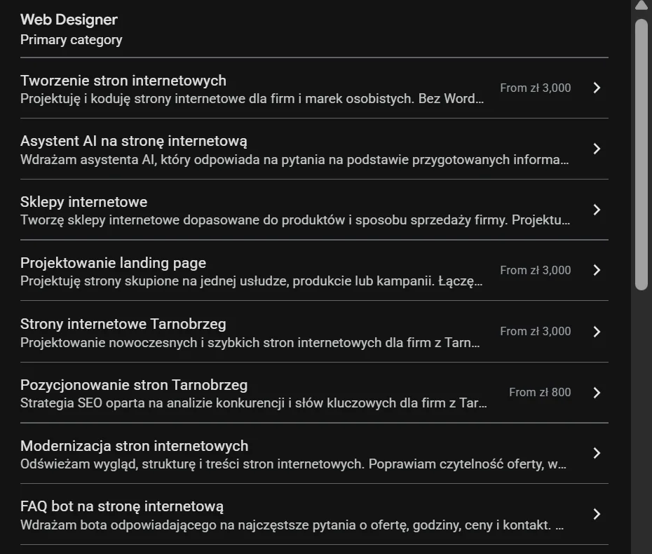 Lista usług w panelu Profilu Firmy w Google: tworzenie stron internetowych, sklepy, landing page, pozycjonowanie