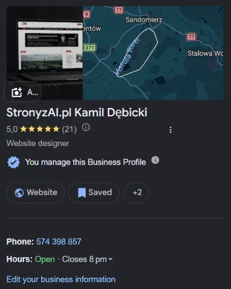 Profil Firmy w Google StronyzAI.pl Kamil Dębicki w wynikach wyszukiwania: kategoria, ocena, telefon i godziny
