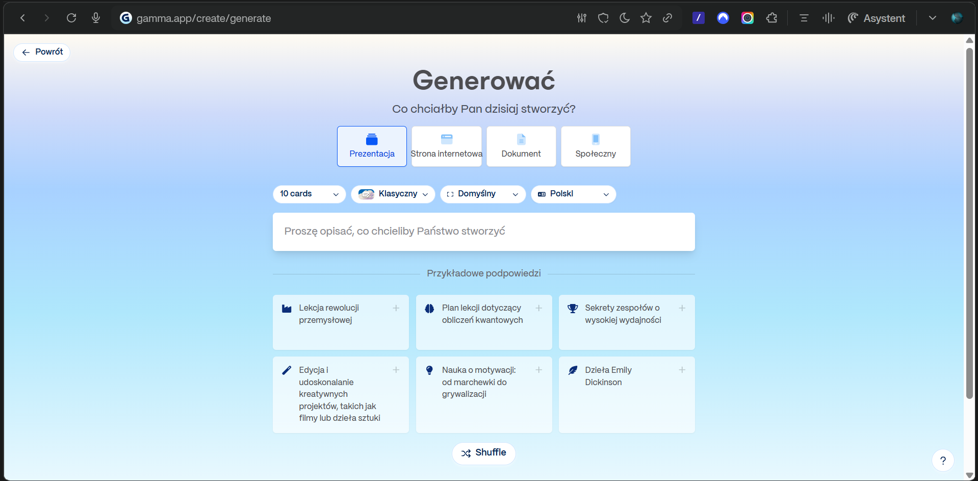 Generator prezentacji w Gamma.app