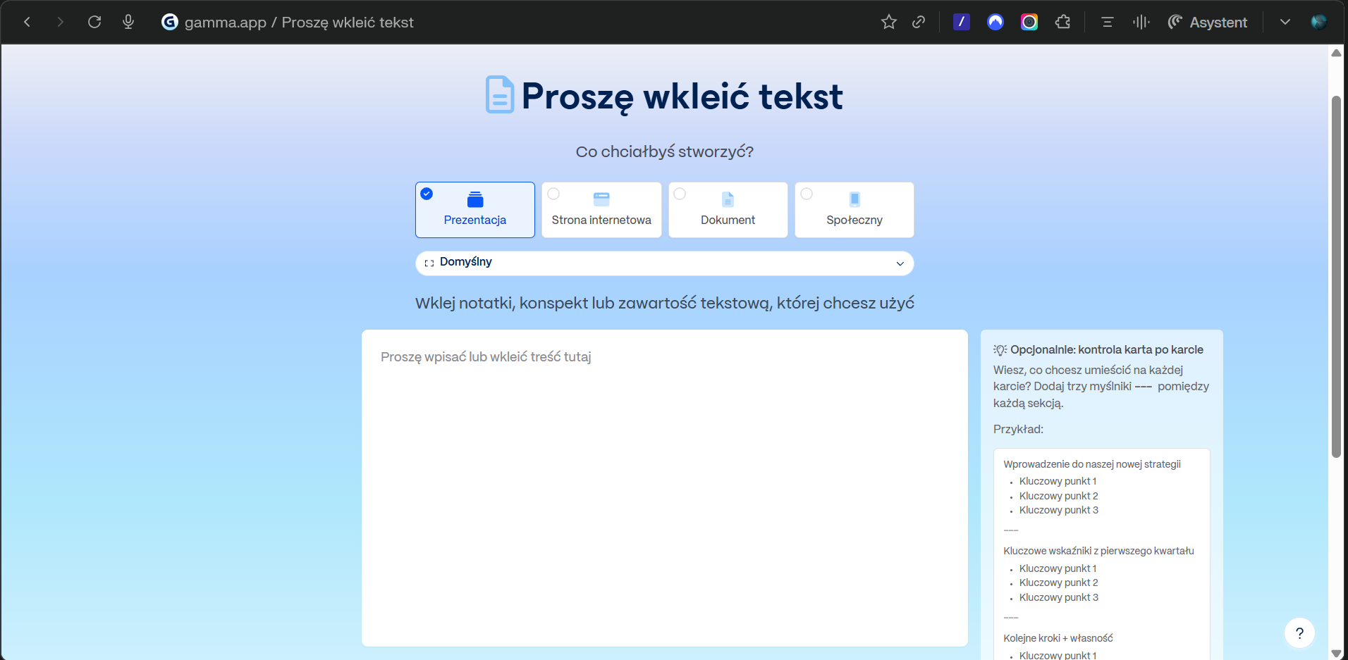 Wklejanie tekstu w Gamma.app